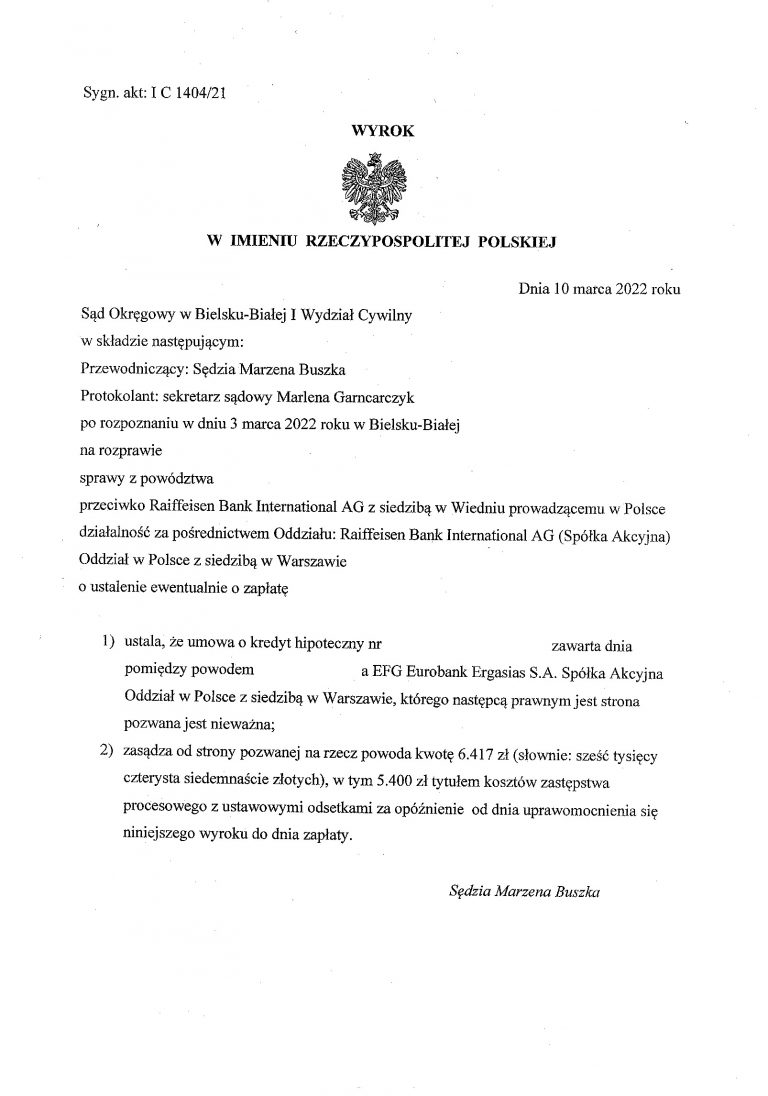 Wyrok frankowy Raiffeisen Bank Bielsko-Biała