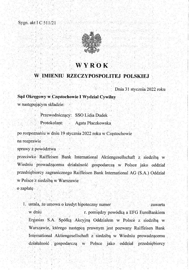 Wyrok frankowy Raiffeisen Bank Częstochowa