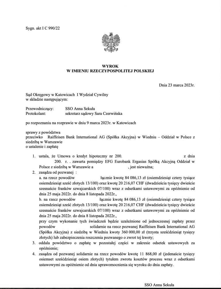 Wyrok frankowy Raiffeisen Katowice
