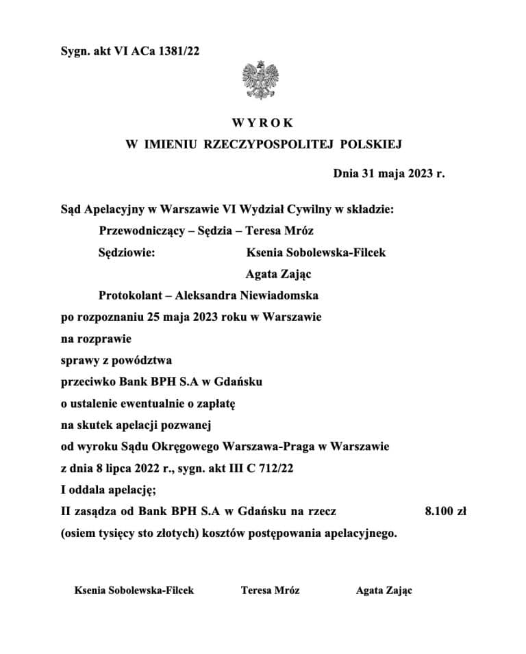 Wyrok frankowy BPH Warszawa