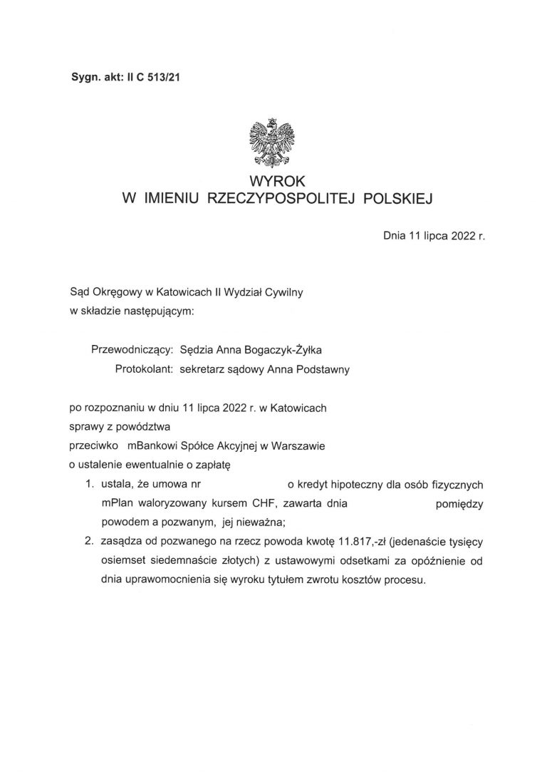 Wyrok frankowy mbank katowice
