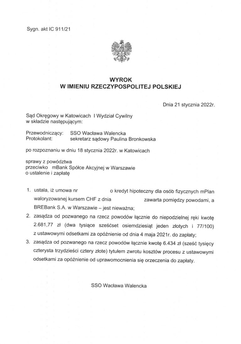 wyrok frankowy mbank katowice
