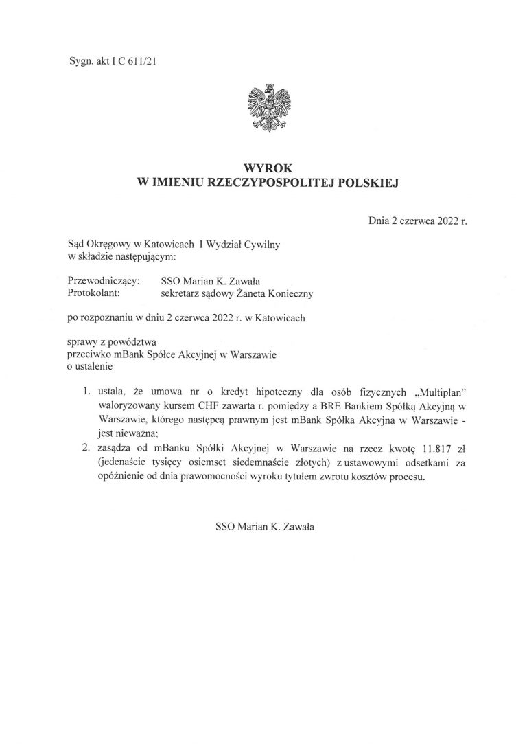 wyrok frankowy mbank katowice