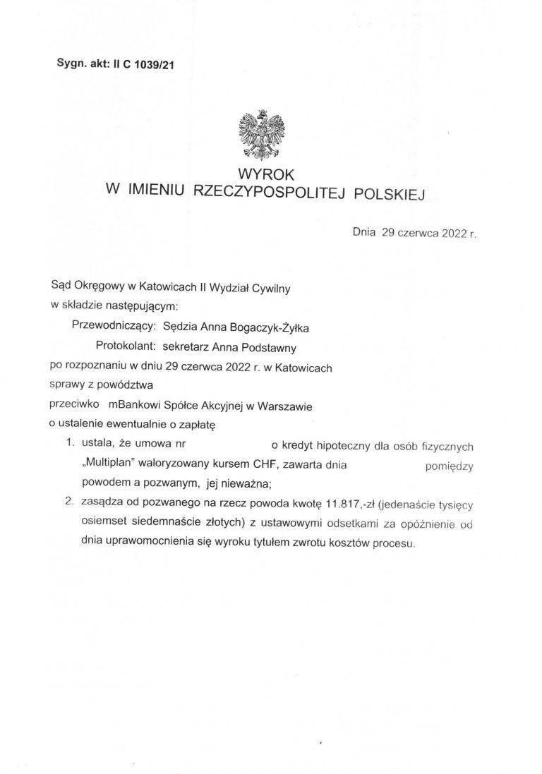 wyrok frankowy mbank katowice