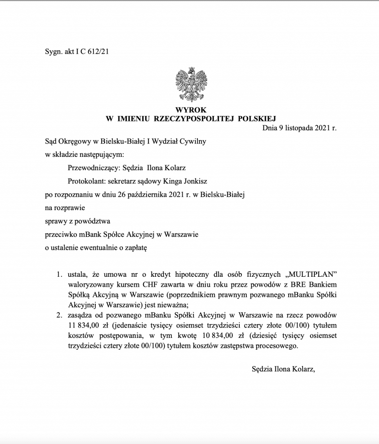wyrok frankowy mbank bielsko biała