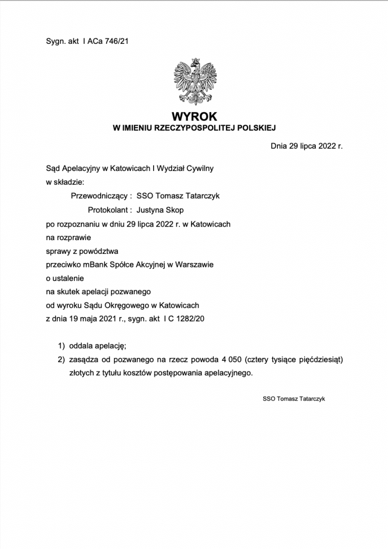 wyrok frankowy mbank katowice