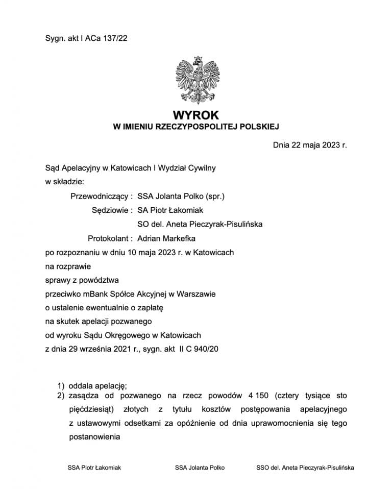 wyrok frankowy mBank Katowice