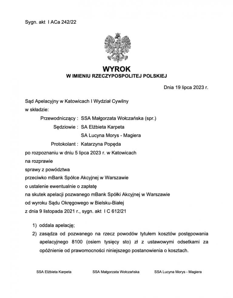 Wyrok frankowy przeciwko mBank – Sąd Apelacyjny w Katowicach