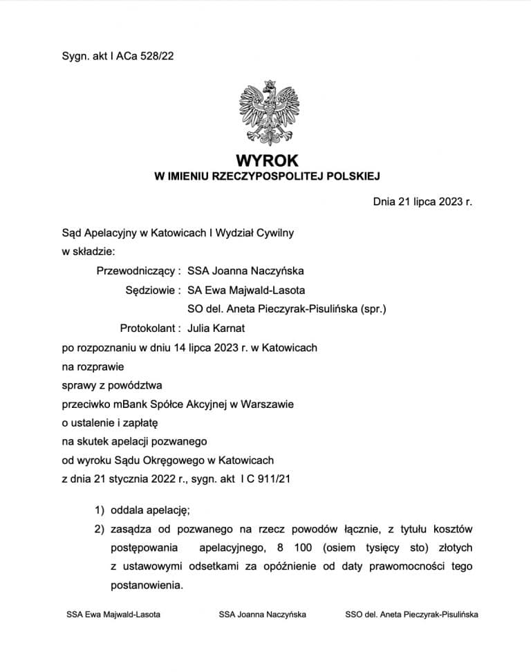 Wyrok frankowy przeciwko mBank – Sąd Apelacyjny w Katowicach