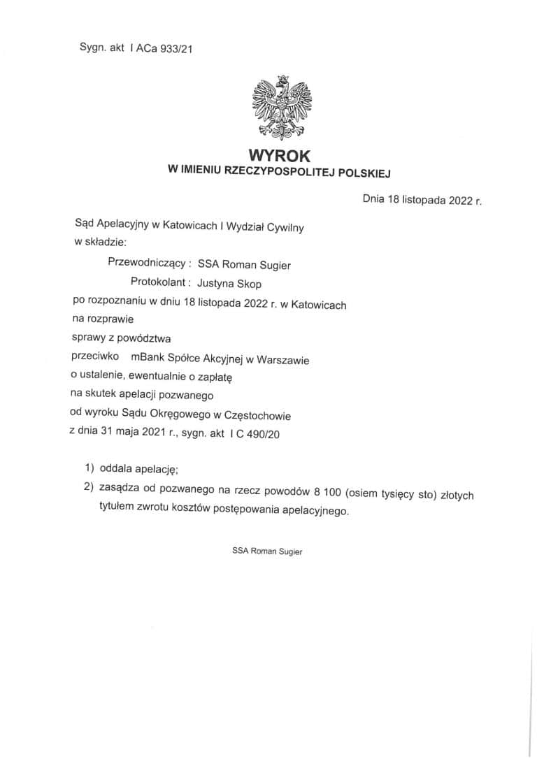 wyrok frankowy mbank katowice