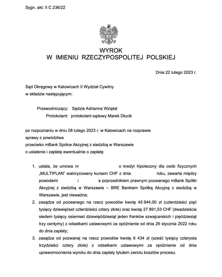 wyrok frankowy mbank katowice