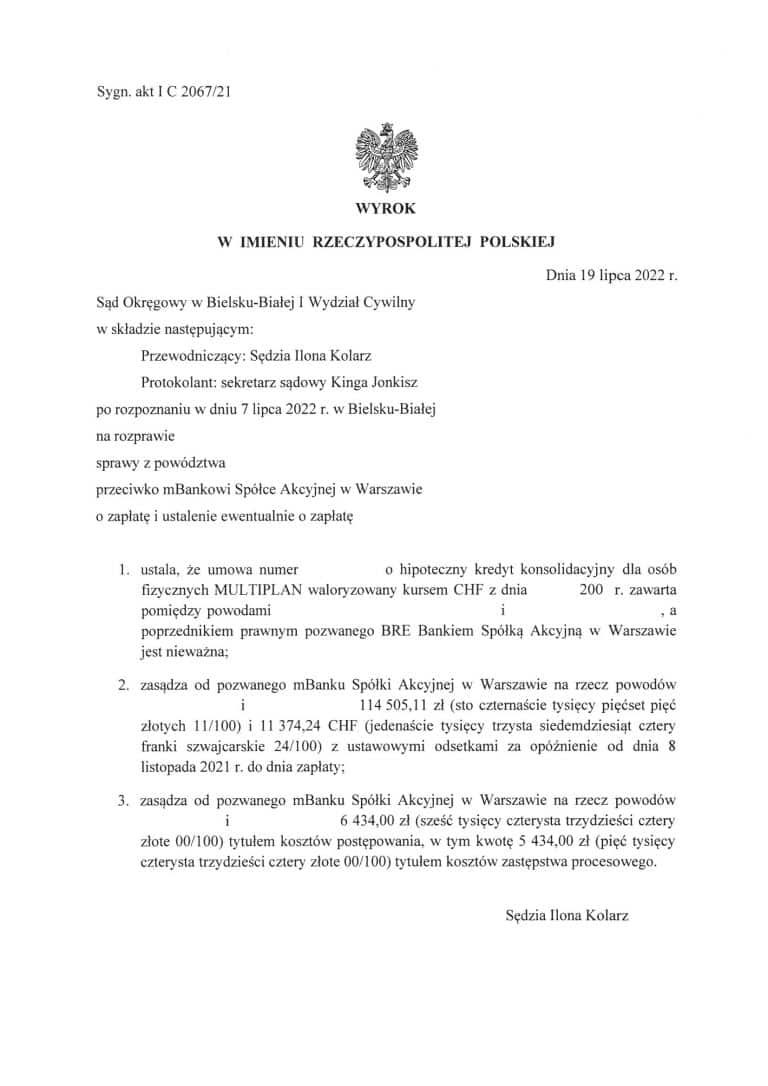 wyrok frankowy mbank bielsko biała