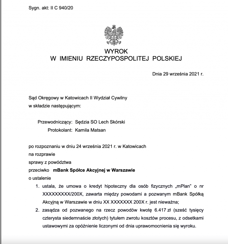wyrok frankowy mBank katowice
