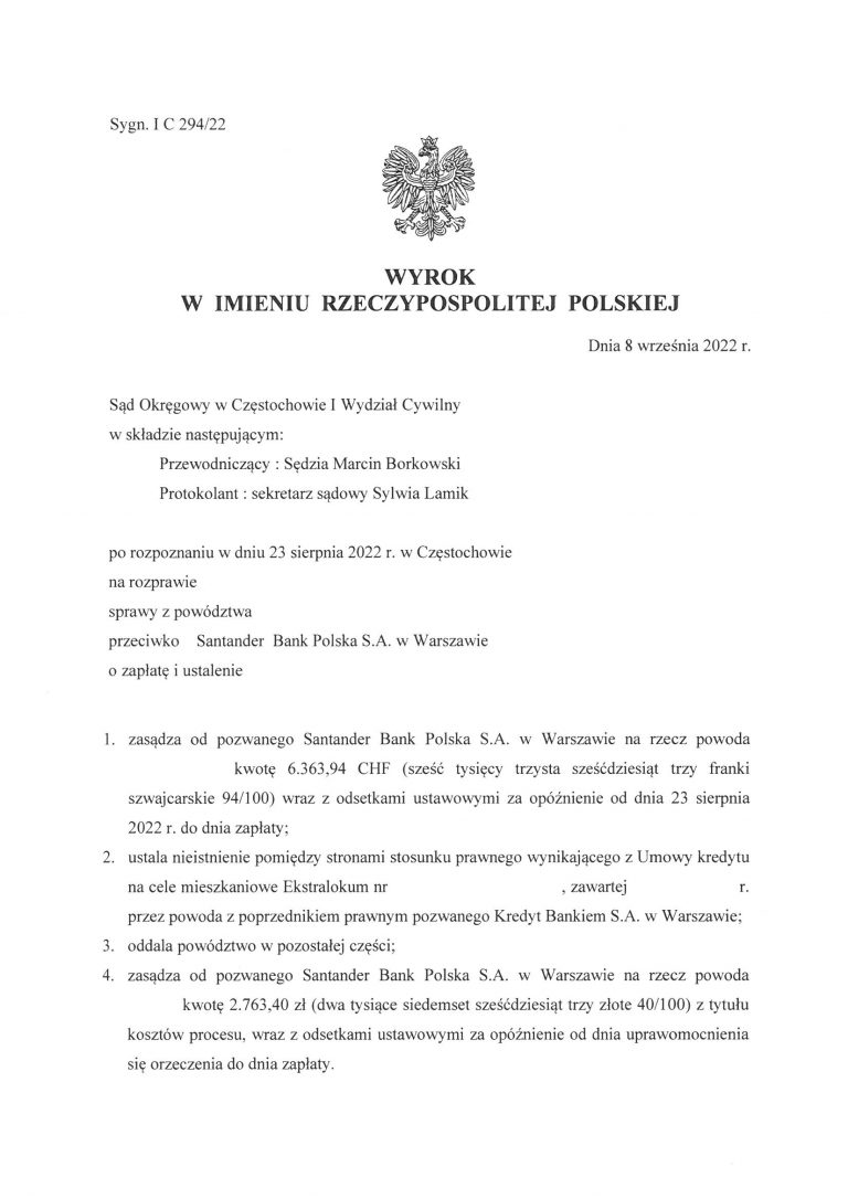 wyrok frankowy Santander Częstochowa