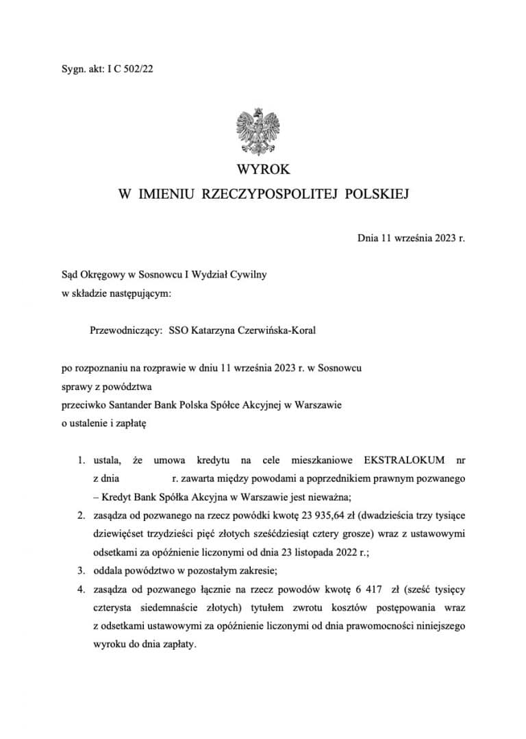 wyrok frankowy Santander Sosnowiec