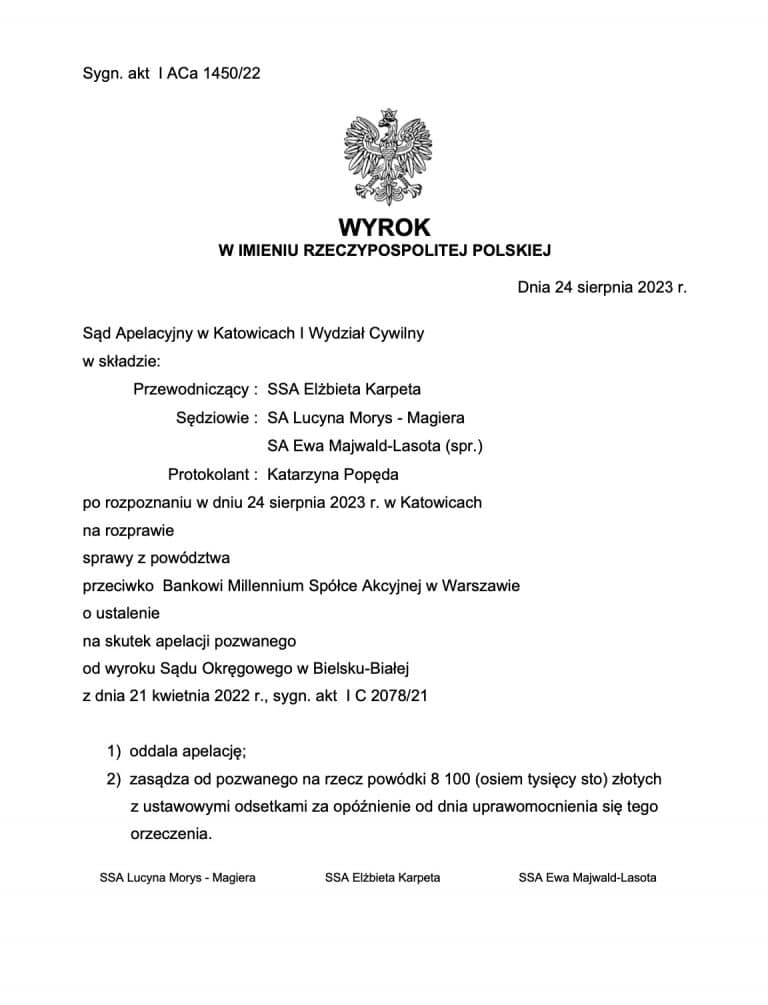 Wyrok frankowy Millennium Katowice