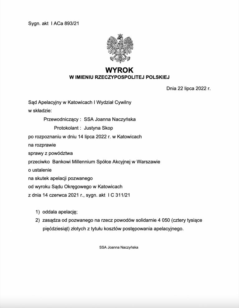 Wyrok frankowy Millennium Katowice 4