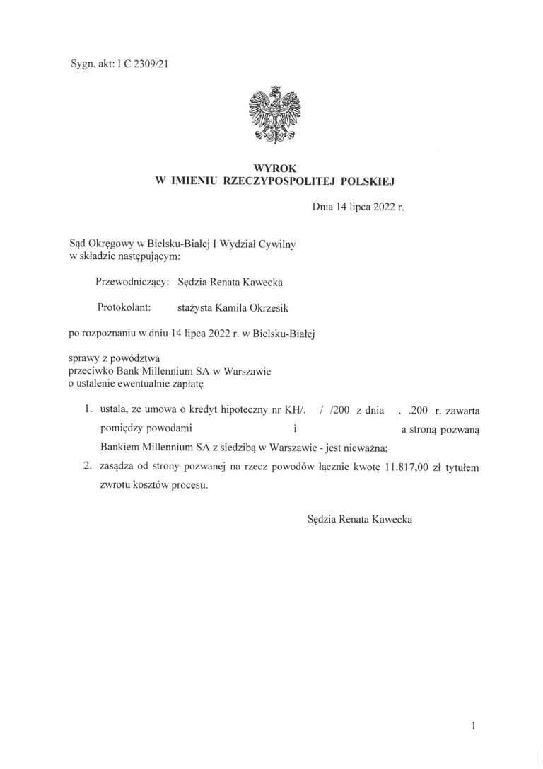 Wyrok frankowy Millennium Bielsko-Biała 1