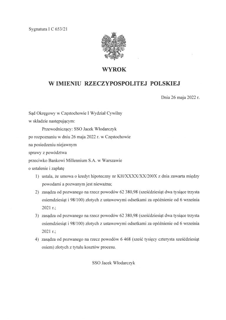Wyrok frankowy Millennium Częstochowa 2