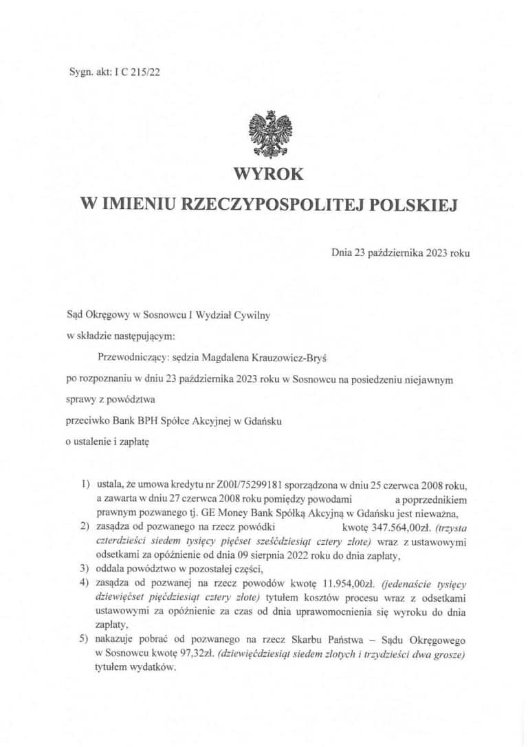 Wyroki frankowe Bank BPH Sosnowiec