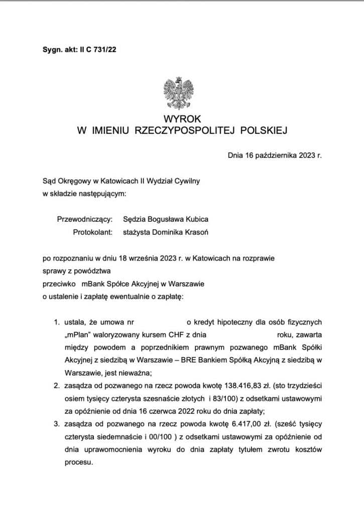 Wyroki frankowe mBank Katowice