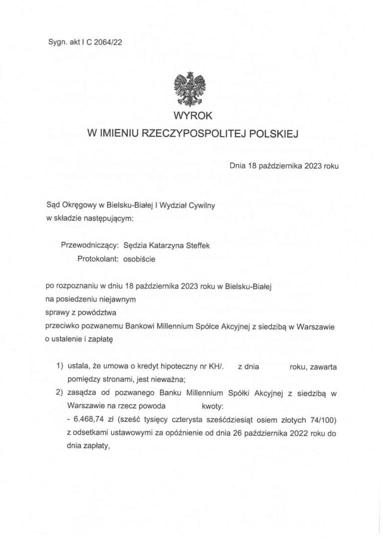 Wyroki frankowe Millennium Bielsko-Biała