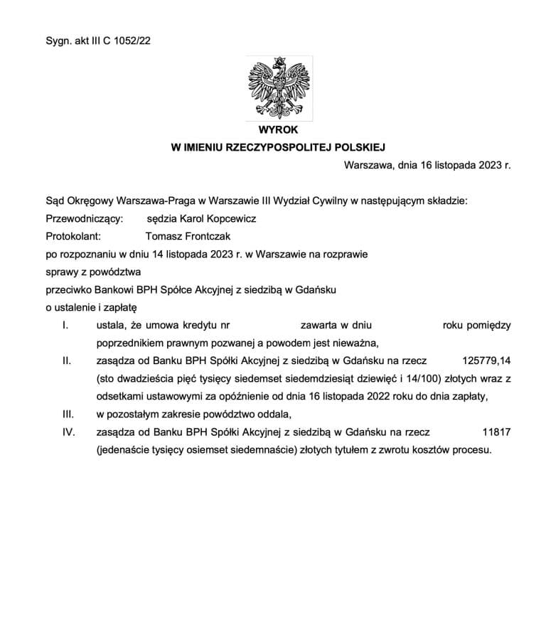 Wyroki frankowe bank BPH Warszawa