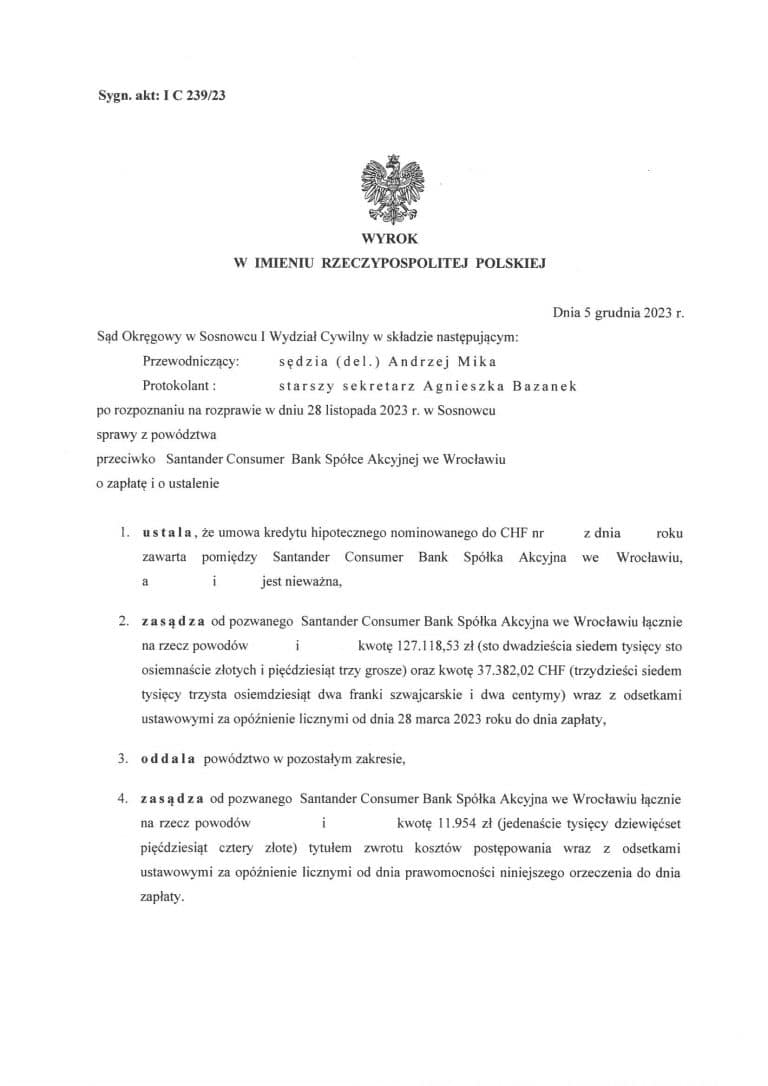 Wyrok frankowy Santander Sosnowiec