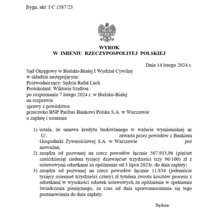 Wyrok frankowy przeciwko BNP Paribas Sąd Okręgowy w Bielsku Białej