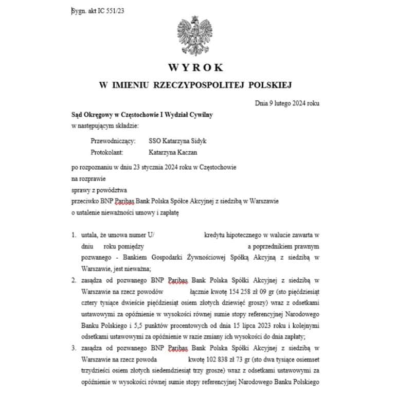 Wyrok frankowy przeciwko BNP Paribas Sąd Okręgowy w Częstochowie
