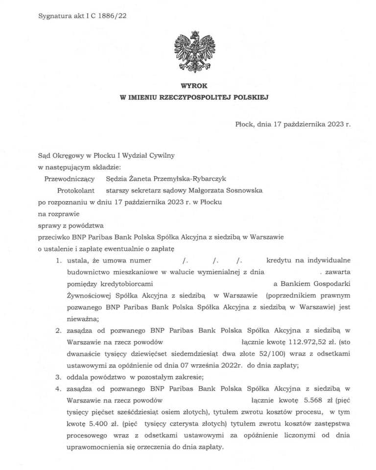 Wyrok frankowy przeciwko BNP Paribas Sąd Okręgowy w Katowicach