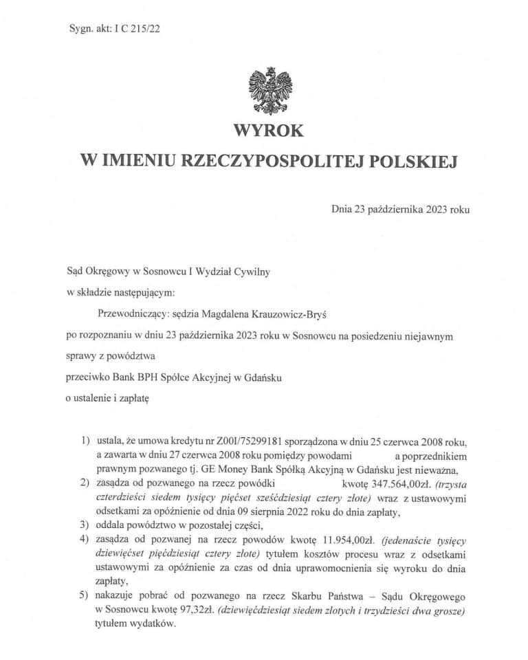 Wyrok frankowy przeciwko BPH Sąd Okręgowy w Sosnowcu