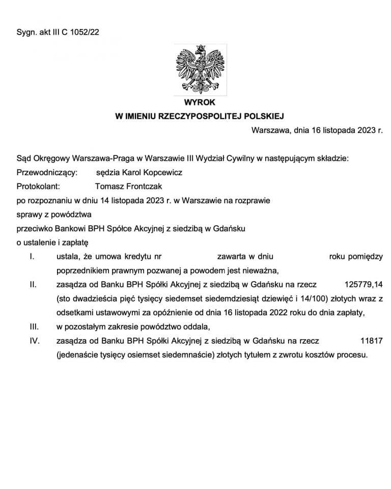Wyrok frankowy przeciwko BPH Sąd Okręgowy w Warszawie