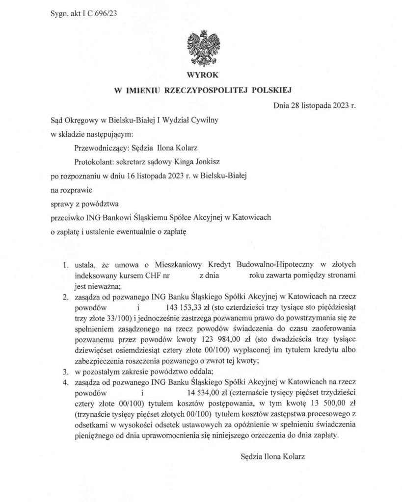 Wyrok frankowy przeciwko ING Bank Śląski Sąd Okręgowy w Bielsku Białej