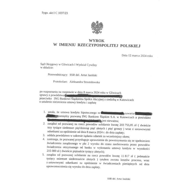 Wyrok frankowy przeciwko ING Bank Śląski Sąd Okręgowy w Gliwicach