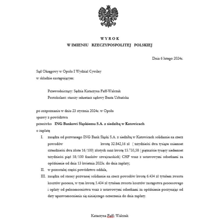 Wyrok frankowy przeciwko ING Bank Śląski Sąd Okręgowy w Opolu