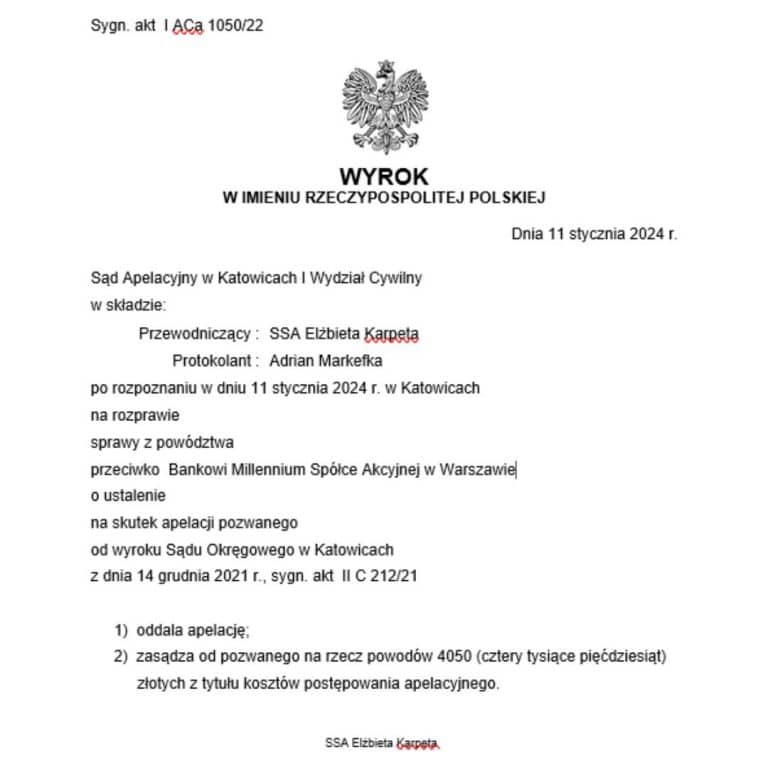 Wyrok frankowy przeciwko Millennium Sąd Apelacyjny w Katowicach