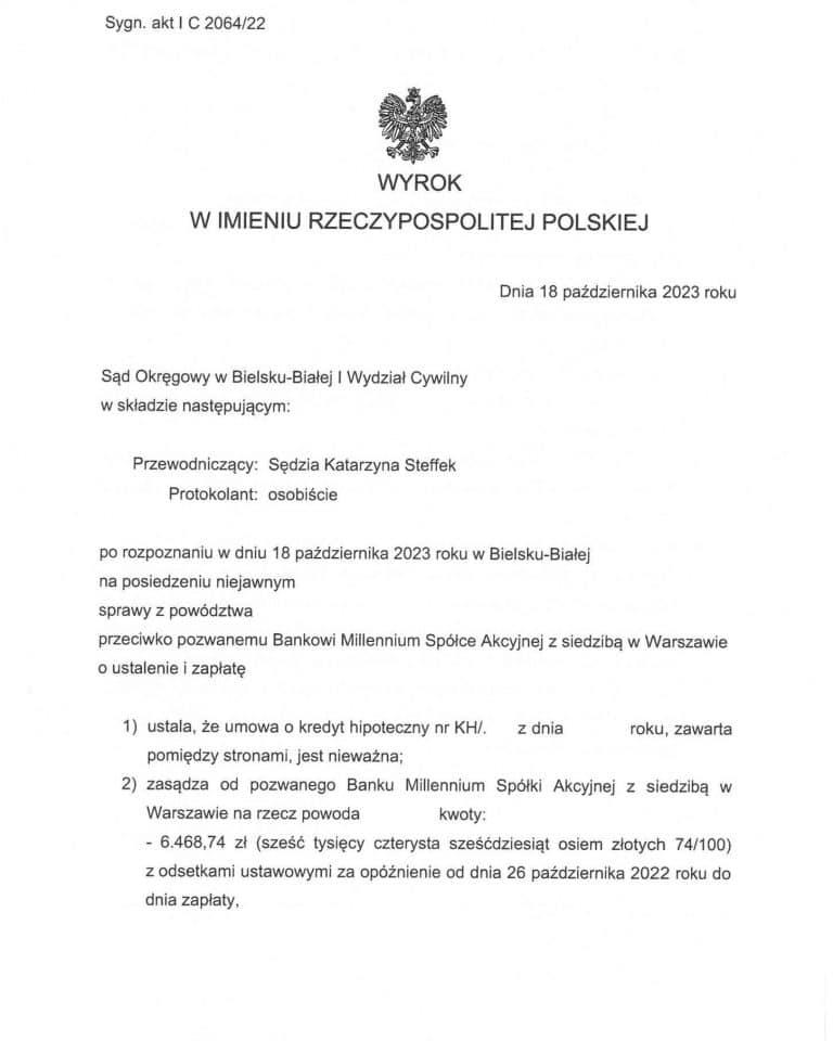 Wyrok frankowy przeciwko Millennium Sąd Okręgowy w Bielsku Białej