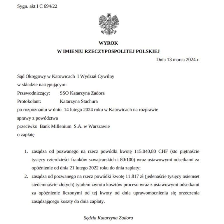 Wyrok frankowy przeciwko Millennium Sąd Okręgowy w Katowicach