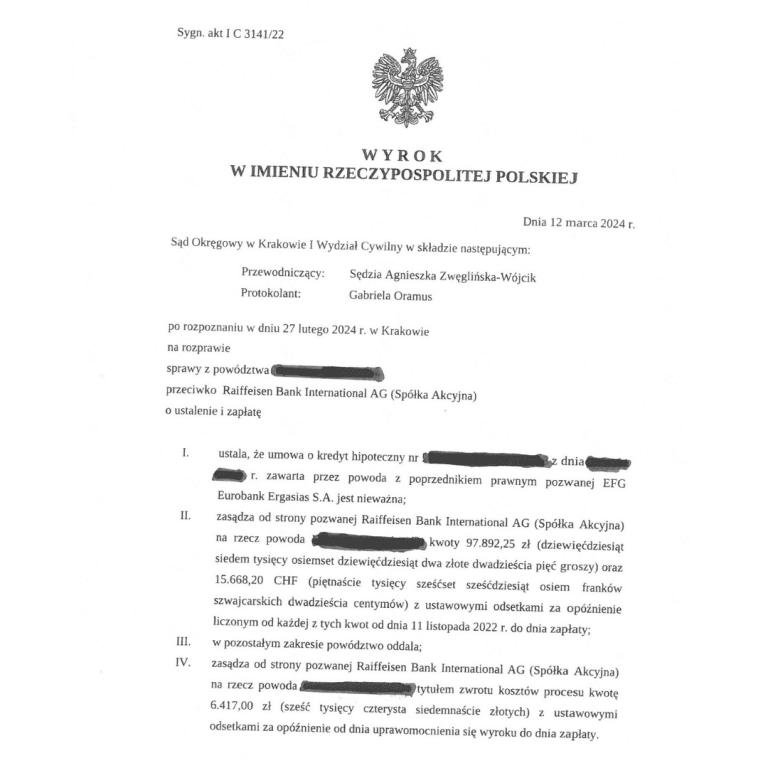 Wyrok frankowy przeciwko Raiffeisen Bank Sąd Okręgowy w Krakowie