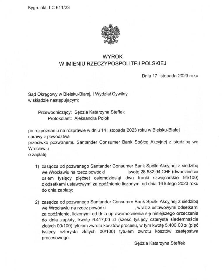 Wyrok frankowy przeciwko Santander Sąd Okręgowy w Bielsku-Białej
