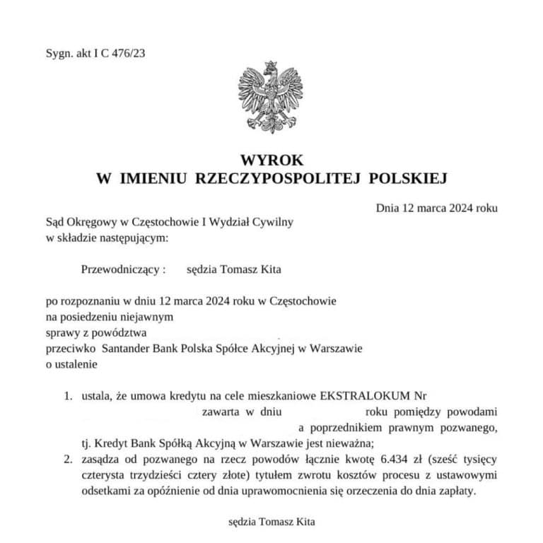 Wyrok frankowy przeciwko Santander Sąd Okręgowy w Częstochowie