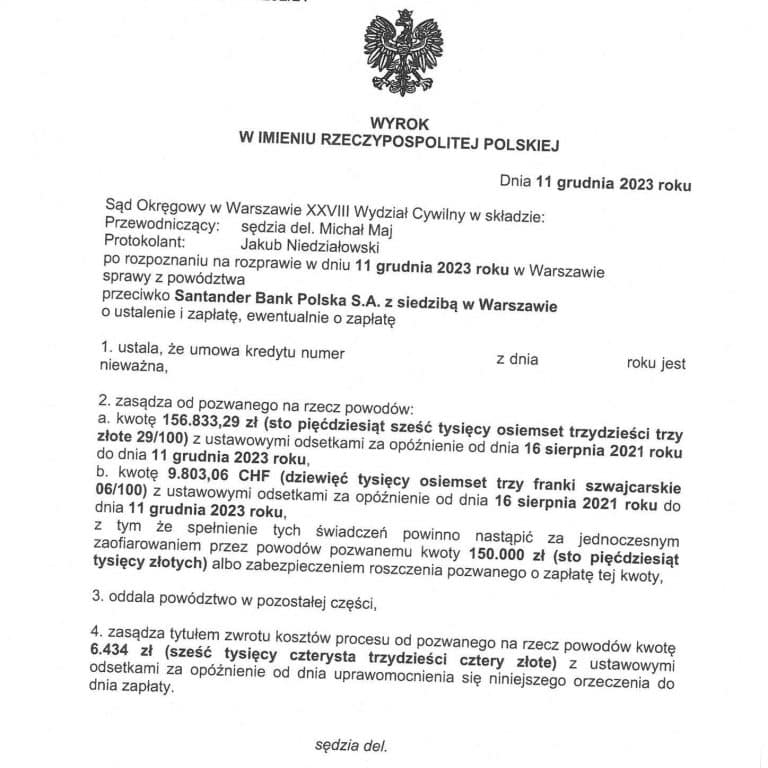 Wyrok frankowy przeciwko Santander Sąd Okręgowy w Warszawie