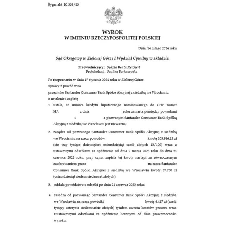 Wyrok frankowy przeciwko Santander Sąd Okręgowy w Zielona Góra