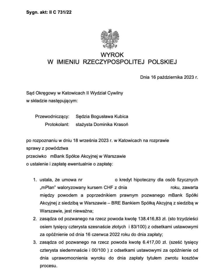 Wyrok frankowy przeciwko mBank Sąd Okręgowy w Katowicach