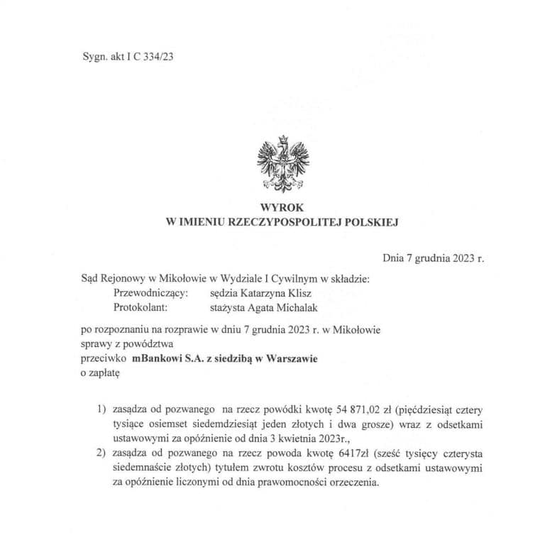 Wyrok frankowy przeciwko mBank Sąd Okręgowy w Mikołowie