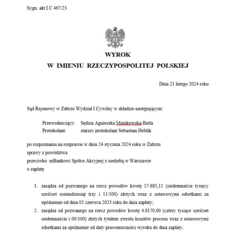 Wyrok frankowy przeciwko mBank Sąd Rejonowy w Zabrzu