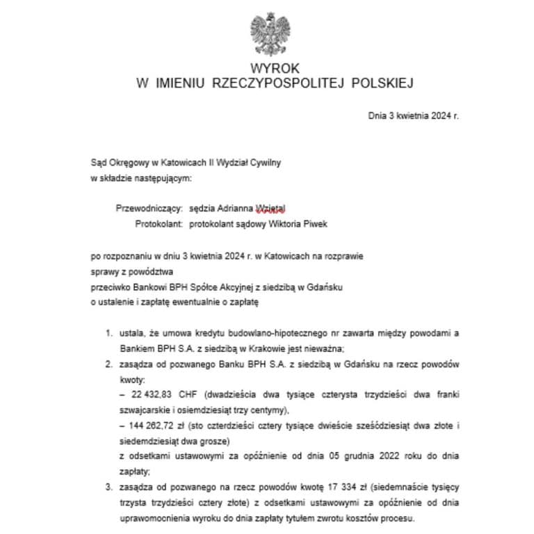 Wyrok frankowy przeciwko BPH Sąd Okręgowy w Katowicach
