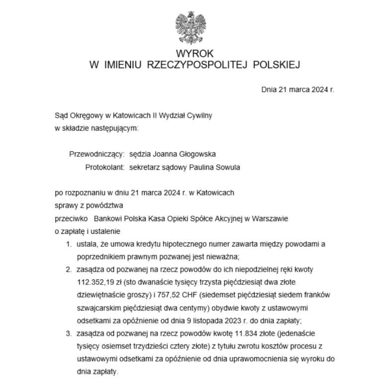 Wyrok frankowy przeciwko Polska Kasa Opieki Sąd Okręgowy w Katowicach