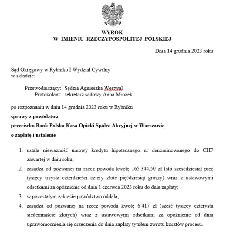 Wyrok frankowy przeciwko Polska Kasa Opieki Sąd Okręgowy w Rybniku